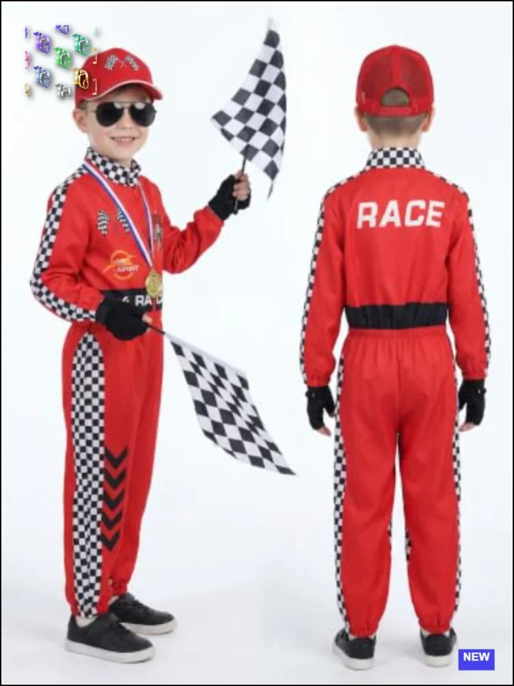 Kids Race Car Driver Costume Jumpsuit Set with Cap, Sunglasses, Gloves, Trophy